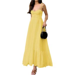 image:imageFloerns Womens Tie Shoulder Smocked Long Dress Ruffle Tiered Flowy Wedding Guest DressesYellow