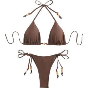 image:imageFloerns Womens Triangle Bikini Sets Beaded Halter String Swimsuit Tie Side Bathing SuitCoffee Brown