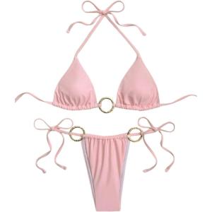 image:imageFloerns Womens Two Piece Bathing Suit Halter String Bikini Sets Tie Side SwimsuitPink