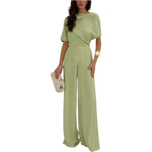 image:imageFloerns Womens Two Piece Sets Business Casual Outfit Dolman Sleeve Tops with Pants SetGreen