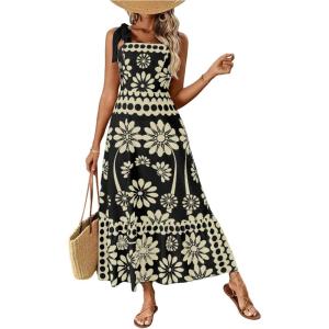 image:imageFloerns Womens Vintage Sleeveless Tie Shoulder Sundress Floral Print Cami Maxi DressBlack and Cream