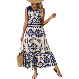 image:imageFloerns Womens Vintage Sleeveless Tie Shoulder Sundress Floral Print Cami Maxi DressBlue