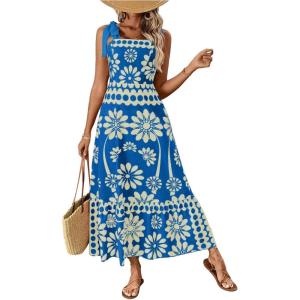 image:imageFloerns Womens Vintage Sleeveless Tie Shoulder Sundress Floral Print Cami Maxi DressLake Blue
