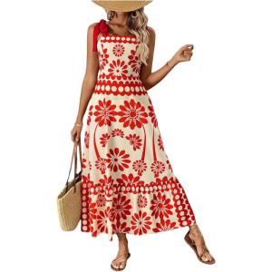image:imageFloerns Womens Vintage Sleeveless Tie Shoulder Sundress Floral Print Cami Maxi DressRed