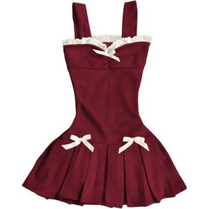 image:imageFloerns Womens Y2k Cute Lace Trim Mini Dress Bow Pleated Hem Coquette Going Out DressesRed