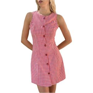 image:imageFloerns Womens Y2k Plaid Gingham Checkered Mini Dress Sleeveless Crewneck Button Going Out Tank DressesRed