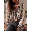 image:imageFloerns Womens Bohemian Bishop Sleeve Blouse Top V Neck Floral Button Down ShirtsApricot
