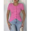 image:imageFloerns Womens Fall Outfits Ruched Button Down Lightweight Sweater Tops Short Sleeve Ruffle Trim Rib Knitted Blouse ShirtsHot Pink