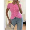 image:imageFloerns Womens Fall Outfits Ruched Button Down Lightweight Sweater Tops Short Sleeve Ruffle Trim Rib Knitted Blouse ShirtsHot Pink