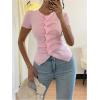 image:imageFloerns Womens Fall Outfits Ruched Button Down Lightweight Sweater Tops Short Sleeve Ruffle Trim Rib Knitted Blouse ShirtsPink