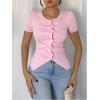 image:imageFloerns Womens Fall Outfits Ruched Button Down Lightweight Sweater Tops Short Sleeve Ruffle Trim Rib Knitted Blouse ShirtsPink