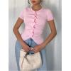 image:imageFloerns Womens Fall Outfits Ruched Button Down Lightweight Sweater Tops Short Sleeve Ruffle Trim Rib Knitted Blouse ShirtsPink