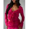 image:imageFloerns Womens Floral Chiffon Blouses Tie Front Ruffle V Neck Long Sleeve Crop TopsHot Pink