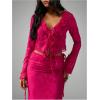 image:imageFloerns Womens Floral Chiffon Blouses Tie Front Ruffle V Neck Long Sleeve Crop TopsHot Pink