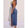 image:imageFloerns Womens Metal Draped Halter Dress Criss Cross Ruched Backless Slit Maxi DressesBlue