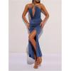 image:imageFloerns Womens Metal Draped Halter Dress Criss Cross Ruched Backless Slit Maxi DressesBlue