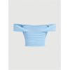 image:imageFloerns Womens Off Shoulder Ruched Mesh Crop Tops Short Sleeve Cute Tee ShirtsLight Blue