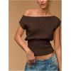 image:imageFloerns Womens Off The Shoulder Sweaters Short Sleeve Asymmetrical Rib Knit Pullover TopsCoffee Brown