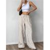 image:imageFloerns Womens Plus Size Striped Wide Leg Pants Elastic Waist Drawstring Lounge TrousersApricot