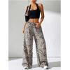 image:imageFloerns Womens Plus Size Striped Wide Leg Pants Elastic Waist Drawstring Lounge TrousersGrey Leopard