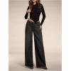 image:imageFloerns Womens Sheer Lace Long Sleeve T Shirt Crew Neck Asymmetrical Hem Crop TopsBlack