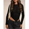 image:imageFloerns Womens Sheer Lace Long Sleeve T Shirt Crew Neck Asymmetrical Hem Crop TopsBlack