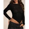 image:imageFloerns Womens Sheer Lace Long Sleeve T Shirt Crew Neck Asymmetrical Hem Crop TopsBlack