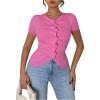 image:imageFloerns Womens Fall Outfits Ruched Button Down Lightweight Sweater Tops Short Sleeve Ruffle Trim Rib Knitted Blouse ShirtsHot Pink