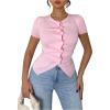 image:imageFloerns Womens Fall Outfits Ruched Button Down Lightweight Sweater Tops Short Sleeve Ruffle Trim Rib Knitted Blouse ShirtsPink