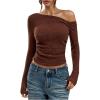 image:imageFloerns Womens Long Sleeve Y2k T Shirts Off The Shoulder Ruched Going Out Tee TopsBrown