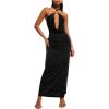 image:imageFloerns Womens Metal Draped Halter Dress Criss Cross Ruched Backless Slit Maxi DressesBlack