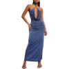 image:imageFloerns Womens Metal Draped Halter Dress Criss Cross Ruched Backless Slit Maxi DressesBlue