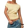 image:imageFloerns Womens Off The Shoulder Sweaters Short Sleeve Asymmetrical Rib Knit Pullover TopsYellow
