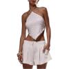image:imageFloerns Womens Sequin Hanky Hem Halter Tops Sleeveless Sparkly Beaded Tie Back Crop TopsWhite