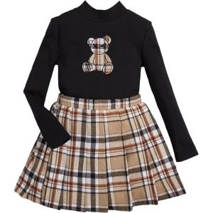 image:imageFloerns Girls 2 Piece Outfit High Neck Tee Shirt with Plaid Mini Skirt Set Black Bear 8Y