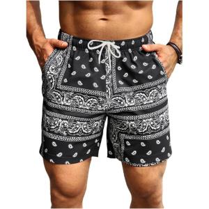 image:imageFloerns Mens Boho Paisley Graphic Print Drawstring Waist Essentials Summer Bandana Shorts with PocketBlack Ink White