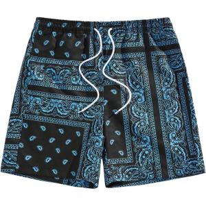 image:imageFloerns Mens Boho Paisley Graphic Print Drawstring Waist Essentials Summer Bandana Shorts with PocketBlack and Blue