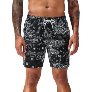 image:imageFloerns Mens Boho Swim Trunks Graphic Print Drawstring Waist Shorts Bathing SuitBlack Ink Paisley