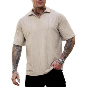 image:imageFloerns Mens Casual Texture Collared Shirts Business Knitted Mesh V Neck TopsApricot