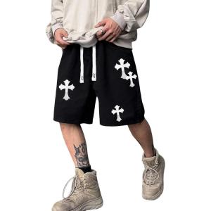 image:imageFloerns Mens Drawstring Waist Cross Print Loose Fit Workout Track ShortsBlack