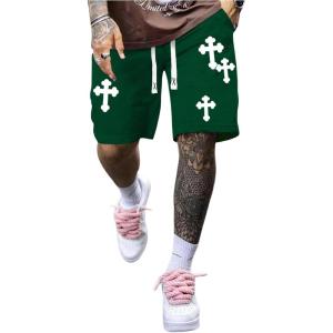 image:imageFloerns Mens Drawstring Waist Cross Print Loose Fit Workout Track ShortsDark Green
