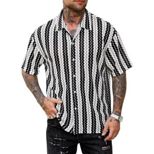 image:imageFloerns Mens Geo Print Short Sleeve Shirts Button Down Hawaiian Vacation Blouse TopsBlack and White