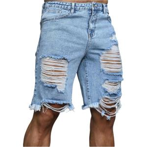 image:imageFloerns Mens Ripped Raw Hem Denim Shorts Plain Frayed Bermuda Jeans ShortsLight Blue