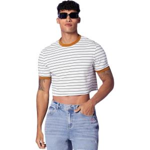 image:imageFloerns Mens Striped Print Short Sleeve Contrast Binding T Shirt Crop TopWhite