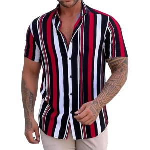 image:imageFloerns Mens Striped Shirts Casual Short Sleeve Button Down ShirtsBlack and Red