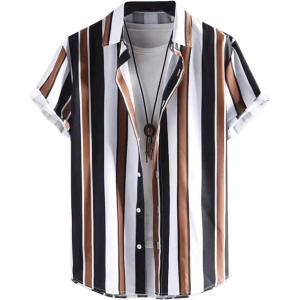 image:imageFloerns Mens Striped Shirts Casual Short Sleeve Button Down ShirtsBrown Black Striped