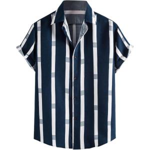 image:imageFloerns Mens Striped Shirts Casual Short Sleeve Button Down ShirtsNavy Blue