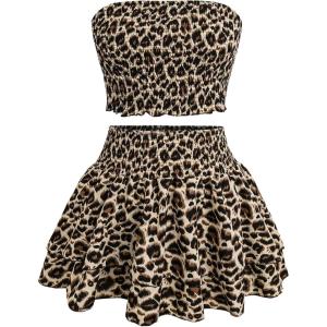 image:imageFloerns Womens 2 Piece Outfit Leopard Print Strapless Tube Top and Skater Skirt SetBrown Multi