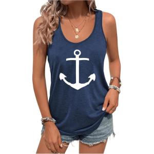 image:imageFloerns Womens Anchor Graphic Scoop Neck Tank Top Sleeveless Casual Vest ShirtsBlue and White