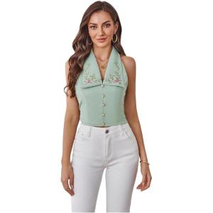 image:imageFloerns Womens Beaded Floral Embroidered Halter Top Collar V Neck Backless Crop TopsMint Green